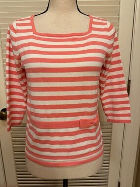 Emma James Coral and White Striped Square-Neck Knit Top, Size Medium, NWOT